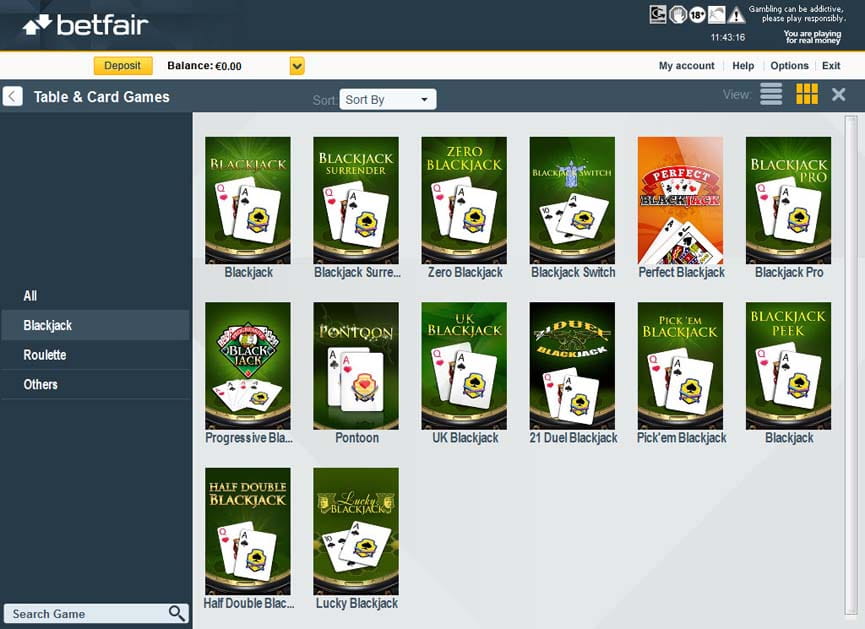 blackjack games collection at Betfair casino