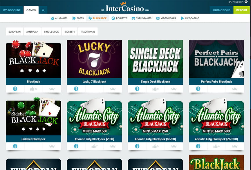 Many Blackjack Games at InterCasino